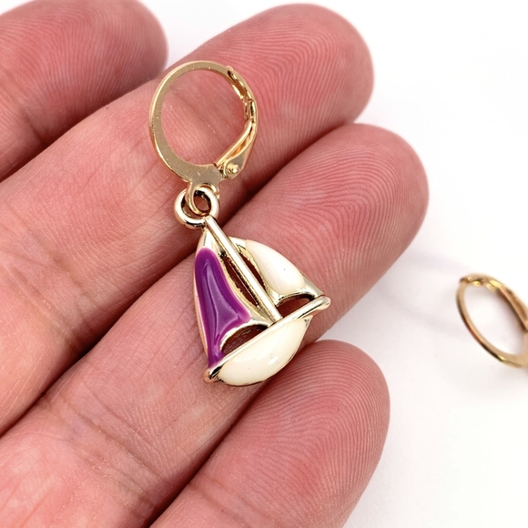 Purple Sailboat Dangle Huggies Hoop Earrings - Picture 3 of 4